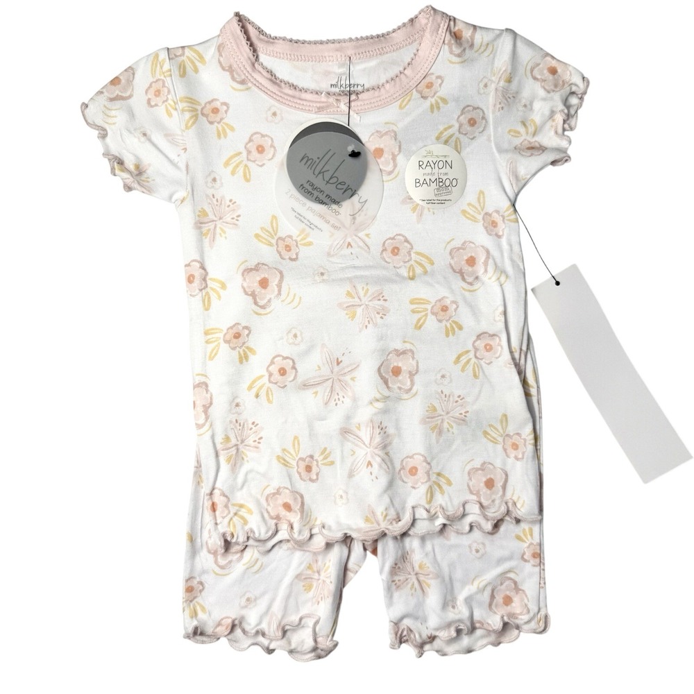 Milkberry 2 Piece Bamboo Shorts Pajamas 2T Soft set Ruffle Pink Flowers